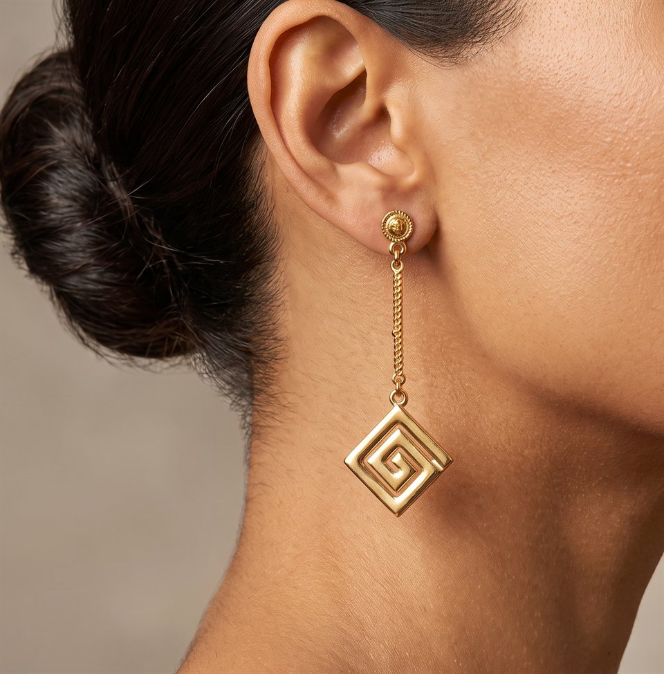 Gold Calima-style spiral drop earring on a fine chain, worn