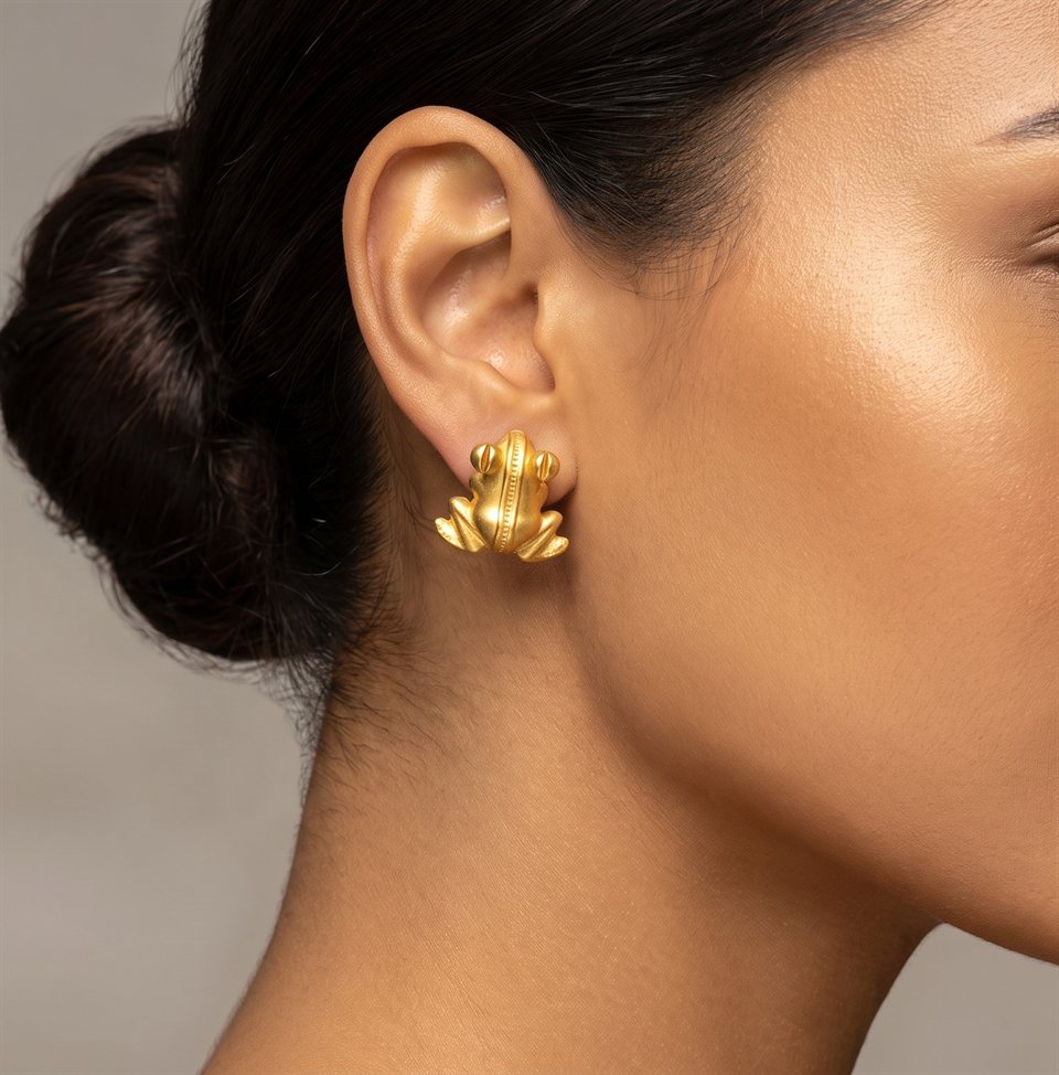 Gold frog stud earring, worn