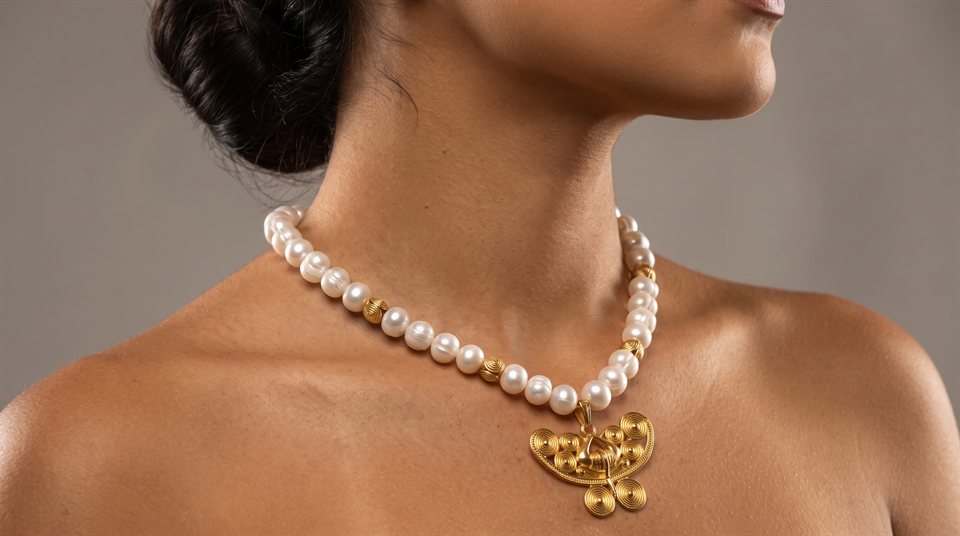 Model wearing a pearl necklace with an openwork Tairona butterfly nariguera in gold