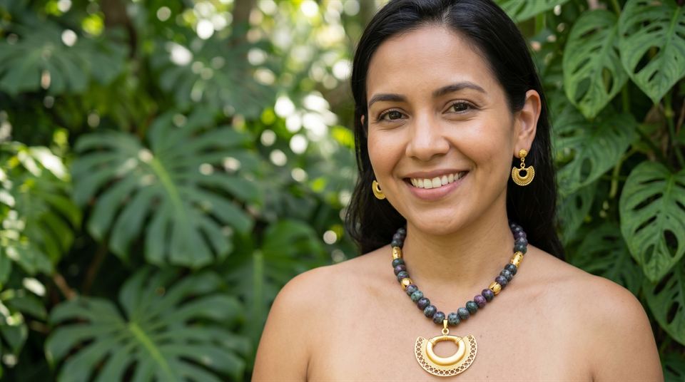 One-of-a-kind necklace of luminous blue cat's-eye beads and a single gold sphere, on jungle wood