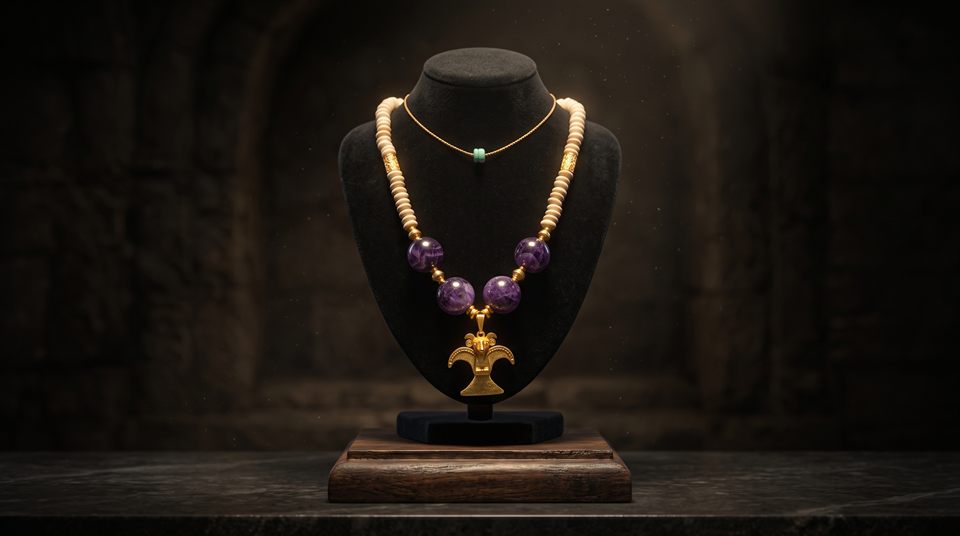 Amethyst and bone bead necklace with a golden huaca pendant on a black display bust