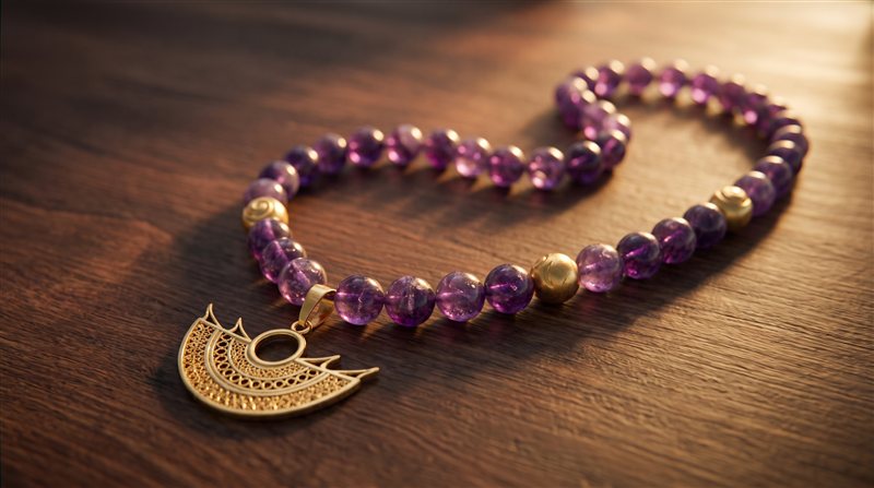 Amethyst bead necklace with a gold nariguera pendant, on wood at sunset