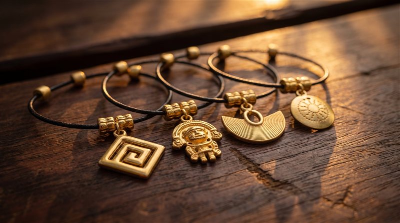 Black cord bracelets with gold symbol charms — greca, zoomorphic pectoral, nariguera and sun — on wood at sunset
