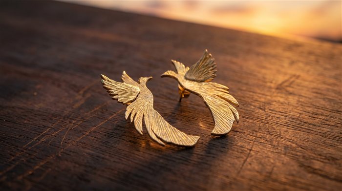 Gold phoenix-wing stud earrings on dark wood, at sunset