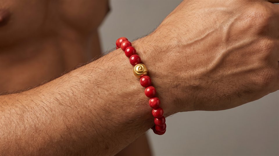 Man wearing a red coral bead bracelet with an engraved gold spiral bead
