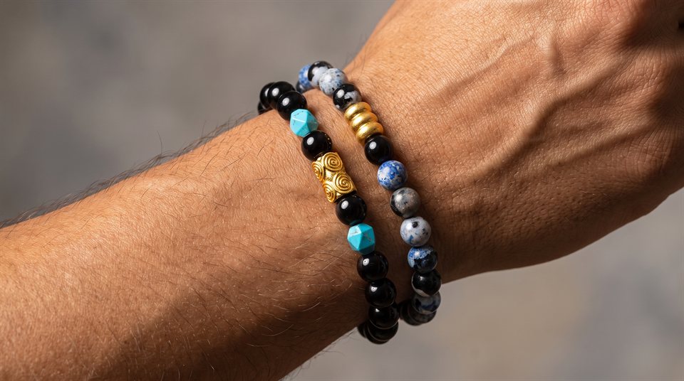 Man wearing stacked onyx, turquoise and dalmatian jasper bead bracelets with gold beads