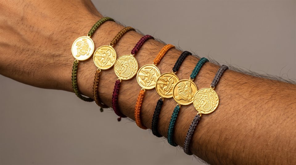 Gold coin charm bracelet with seven engraved medallions, worn