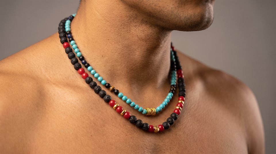 Man wearing a two-strand necklace of turquoise, lava stone and red coral with gold accents