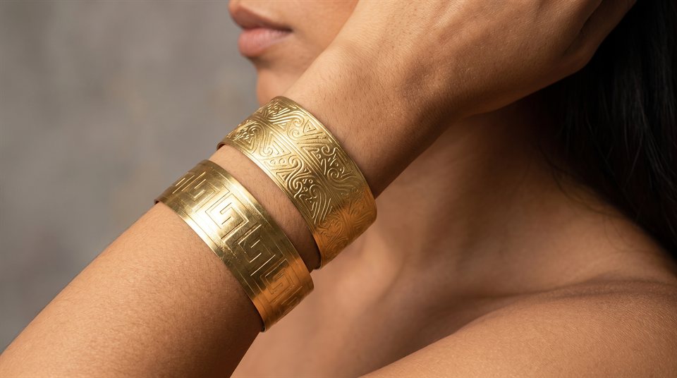 Two gold cuffs engraved with pre-Columbian motifs, stacked on a wrist