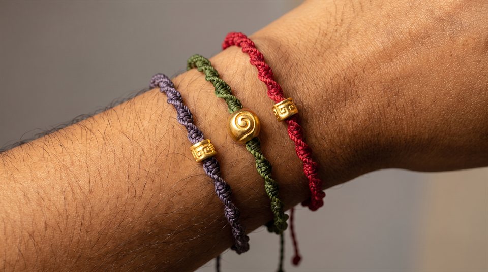 Macrame cord bracelets in purple, green and red with gold spiral and greca charm beads