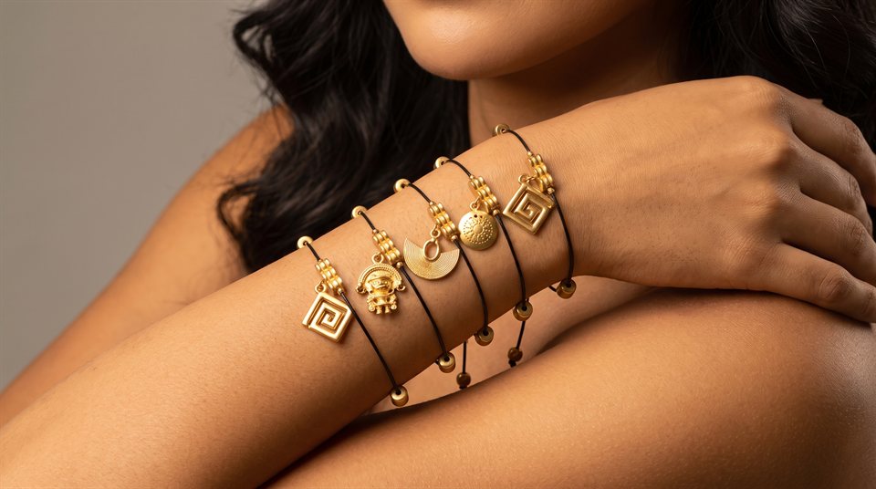 Cord bracelets with gold charms — greca, zoomorphic pectoral, nariguera and sun disc
