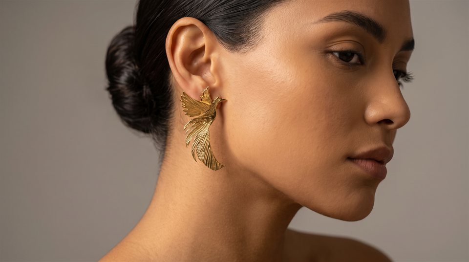 Gold phoenix-wing drop earring, worn