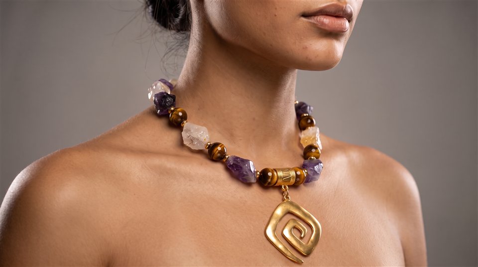 Model wearing a necklace of amethyst, citrine and tiger's eye nuggets with a gold spiral pendant