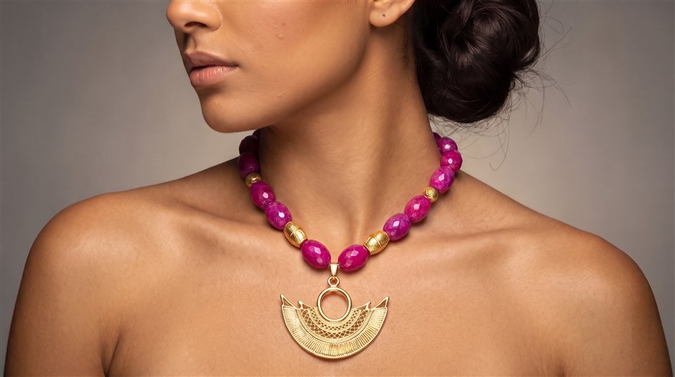 Model wearing magenta jade beads with a Sinú filigree nariguera in gold