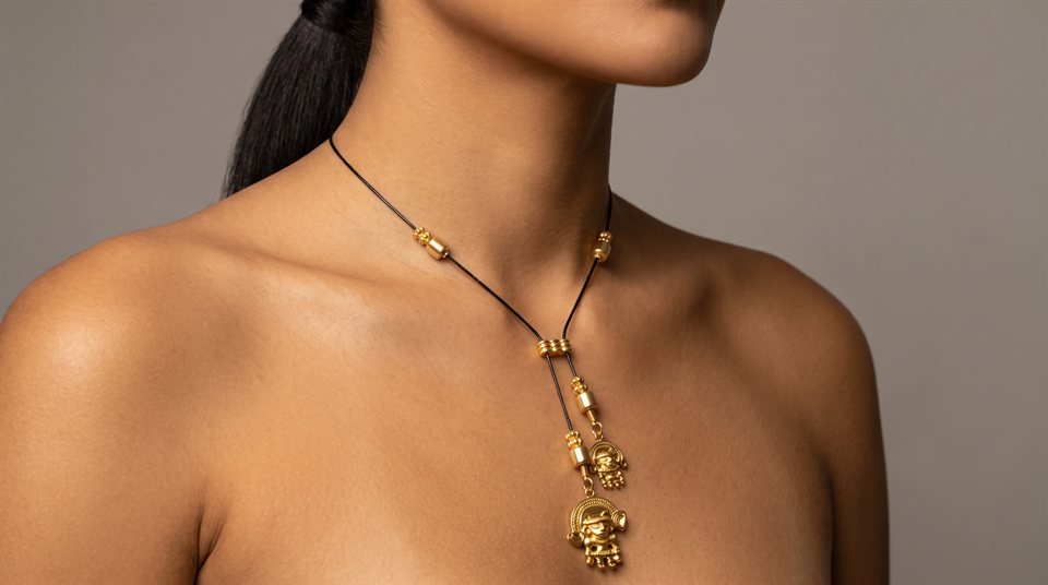 Model wearing a black cord lariat necklace with two gold pre-Columbian figure pendants