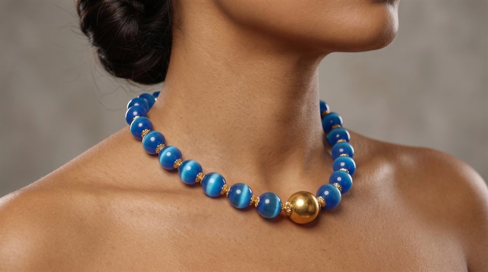 Model wearing luminous blue cat's-eye beads with a single brushed gold sphere