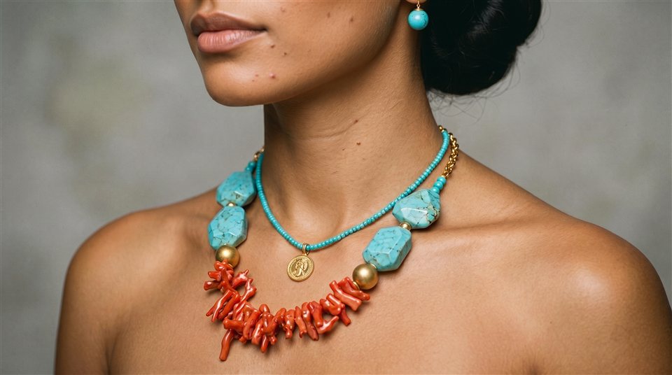 Model wearing layered turquoise nugget and red coral necklaces with a gold medallion pendant and matching turquoise earring