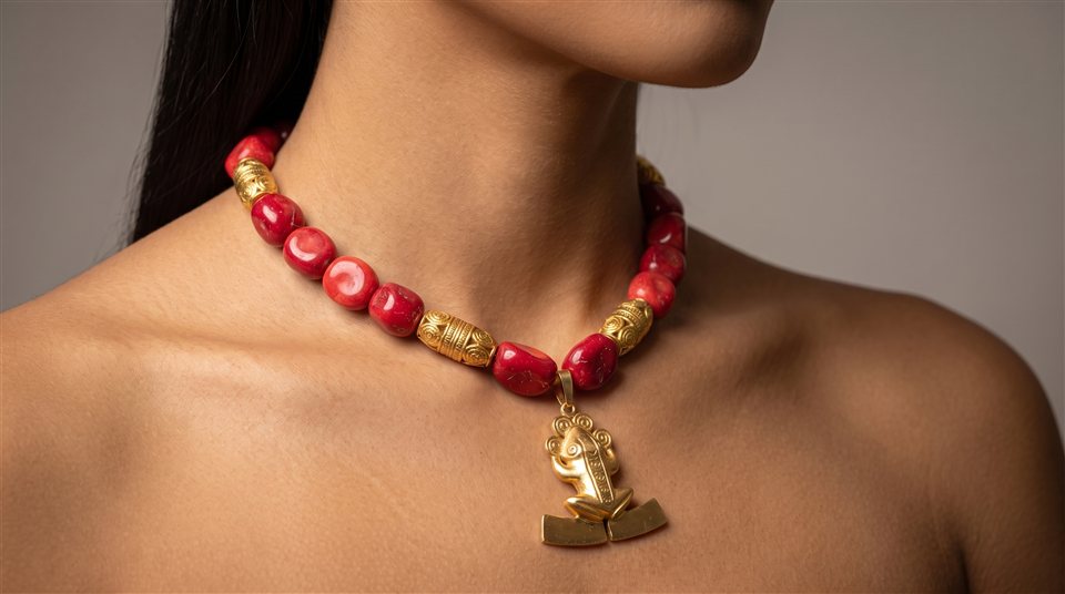 Model wearing a red coral bead necklace with a gold frog pendant