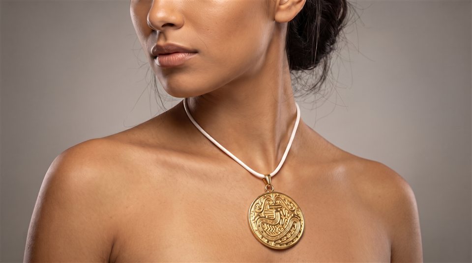 Model wearing a cream cord necklace with a gold medallion engraved with a serpent