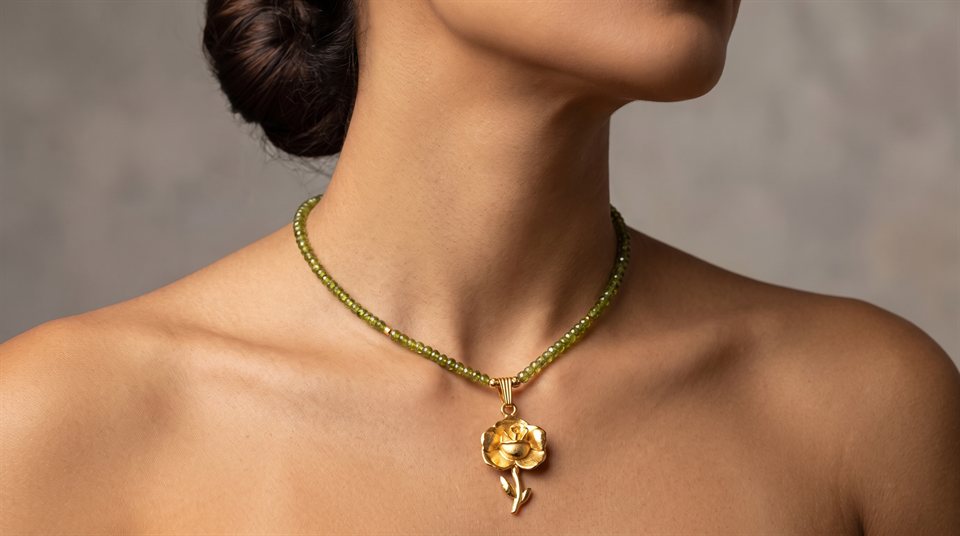 Model wearing green peridot beads with a gold Flor del Espíritu Santo pendant