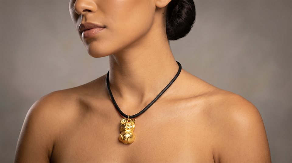 Model wearing a black cord necklace with a gold harpy eagle pendant