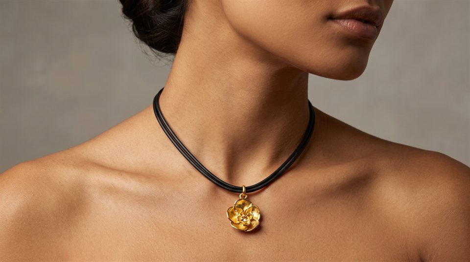 Model wearing a black cord lariat necklace with two gold flower pendants