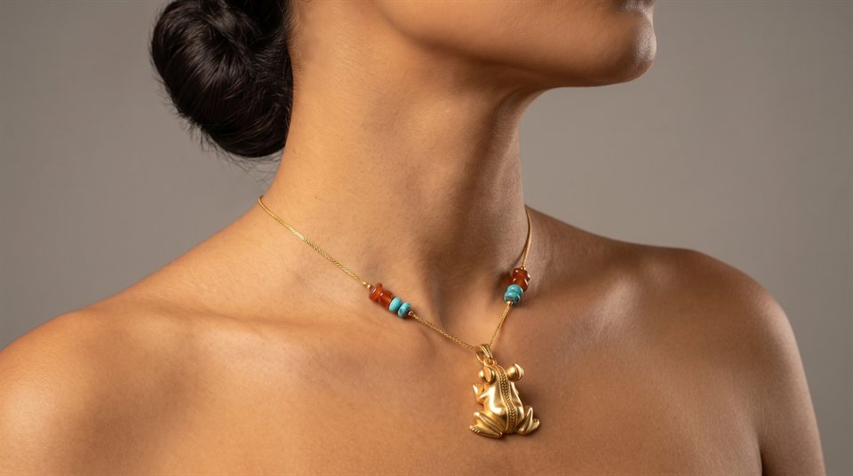 Model wearing a gold chain with carnelian and turquoise beads and a gold frog pendant