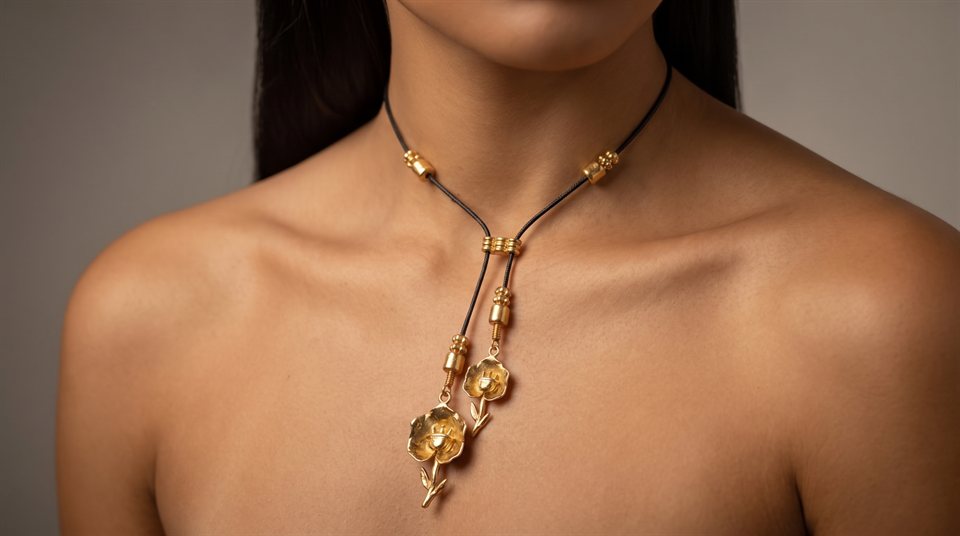Model wearing a black cord lariat necklace with two gold flower pendants, close-up