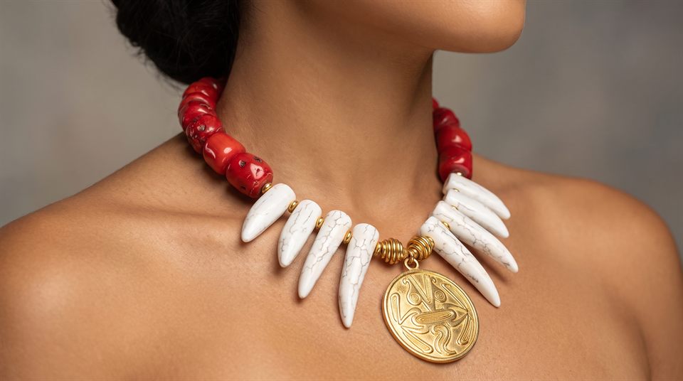 Red coral and white howlite spike necklace with a Gran Coclé gold medallion engraved with a turtle