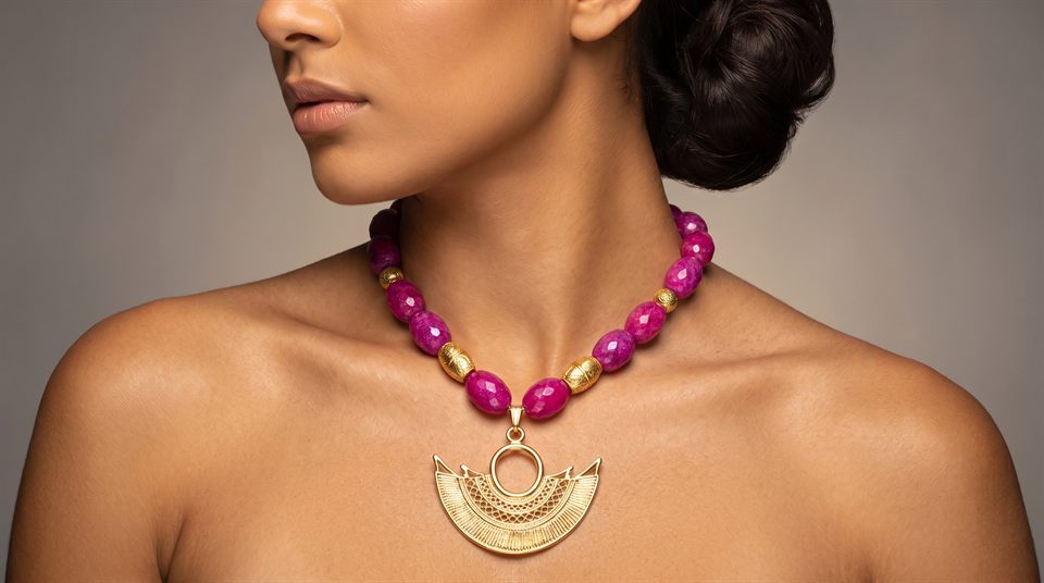 Fuchsia agate necklace with a gold filigree crescent pendant