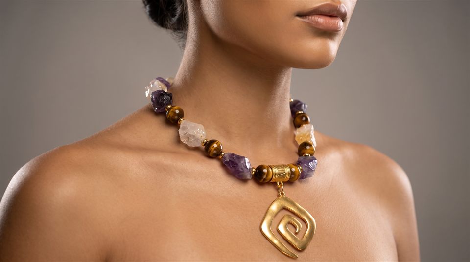 Necklace of raw amethyst, quartz and tiger's eye with a gold square-spiral pendant