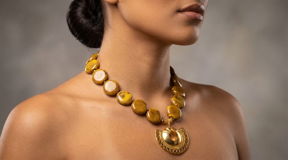 Mustard jasper disc necklace with a gold crescent nariguera pendant